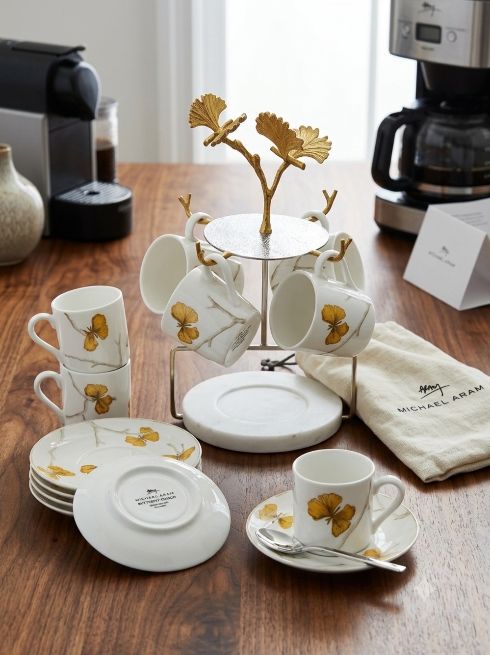 Michael Aram Butterfly Ginkgo Demitasse Espresso Set 4 Cups Saucers Stand Box⁠